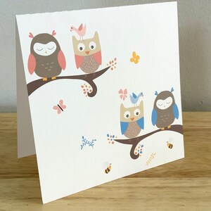 Owl Friends Card , Imprimé , Vierge à l’intérieur , Fleurs , Abeille , Printemps , Oiseau , Bleu , Rose , Papillon , Mignon
