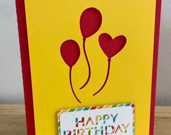 Happy Birthday Card , Blank inside , Balloons , Yellow , Red , Kids , Adults , Teens ., Friends , Family , Neighbour