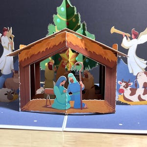 Nativity Pop Up Holiday Card , Angels , Stable , Religious , Stable , Tree , Night , Wisemen
