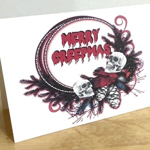 Merry Creepmas Card , Skulls , Flowers , Roses , Winter , Blood , Horror , Winter , Black , Red