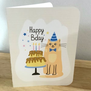 Carte de joyeux anniversaire , Imprimée , Vierge à l'intérieur , Chat , Minou , Chapeau , Fête , Gâteau , Bougies , Étoiles , Confetti