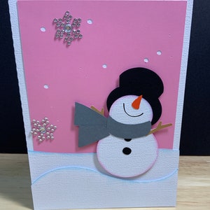 Carte hiver bonhomme de neige, rose, flocon de neige, strass, neige, froid, joyeux, vacances