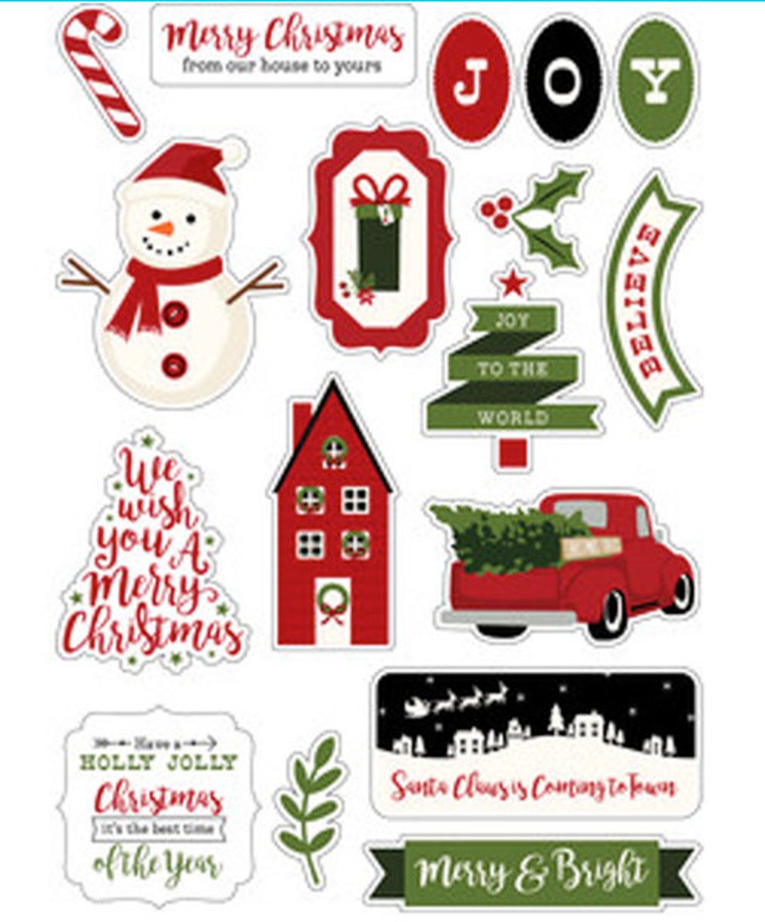 Christmas Card Stickers - Assortment of Cool Winter Holiday, Santa, Snow, Ornaments, Snowman, Snowflakes, Holly, Tree, for Kids and Adults - Over