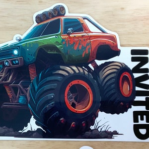 Carte d'invitation Monster Truck, Bruit, Énorme, Coup de cœur, Fête, Enfants, Anniversaire, Soirées pyjama