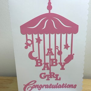 Carte pour portable pour bébé , Vierge à l'intérieur , Biberon , Lit de bébé , Félicitations , Hochet , Lune , Rose , Étoile