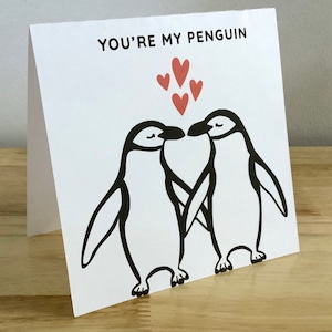 Carte de Saint-Valentin Pingouin , Intérieur vierge , Imprimé , Amour , Cœurs , Âmes sœurs , Amoureux , Compagnon