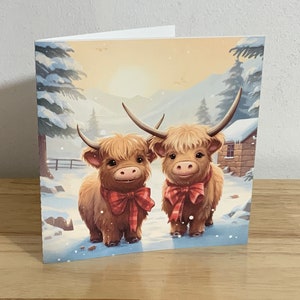 Highland Cow Holiday Card , Vierge à l’intérieur , Imprimé , Neige , Ferme , Arbre , Noël , Festif , Arcs