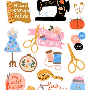 Sewing Stickers , Machine , Dress Form , Measure , Pin , Thread  , Buttons , Gift , Crafts