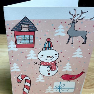 Carte de Noël , Hiver , Renne , Bonhomme de neige , Cannes de bonbon , Cardinal , Cadeau , Arbre , Maison , Maison