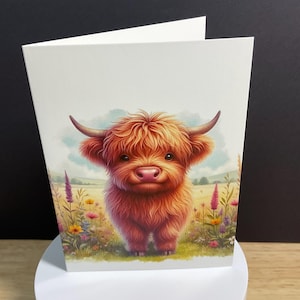 Carte Vache Highland , Famille , Amis , Printemps , Été , Fleurs , Nature