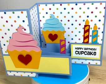 Happy Birthday Cupcake Card , Candles , Cake , Frosting , Love , Hearts , Polka Dots , Party , Sweets