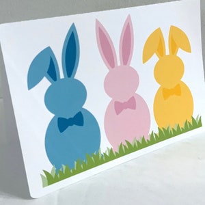 Carte du trio de lapins de Pâques , Vierge à l'intérieur , Lapins , Jaune , Bleu , Rose , Enfants , Adulte