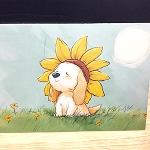 Carte tournesol chien, nature, fleur, printemps, été, herbe, mignon, dessin animé, famille, amis, bonjour