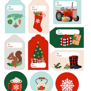 Étiquettes de Noël , Imprimé , Ensemble de 10 , Vacances , Plaid , Bas , Écureuil , Tracteur