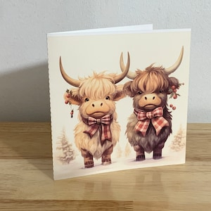 Carte de Noël Vache des Highlands , Vierge à l'intérieur , Imprimé , Houx , Baies , Hiver , Joyeux , Festif , Ferme , Animaux