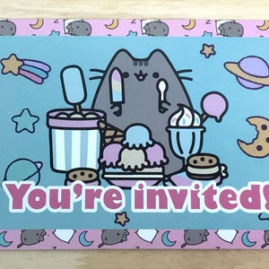 Carte d'invitation Kitty , Chat , Fête , Snacks , Étoiles , Dessin animé , Fête , Rassemblement , Adolescents , Donut