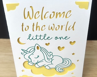 Welcome Little One Baby Card , Expecting , Unicorn , Sleeping , Clouds , Dreams , Hearts , Love , Cherish