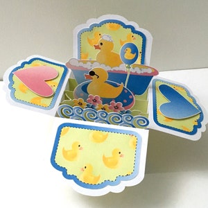 Canard en caoutchouc Pop Up Box Card , Blanc , Ballon , Baignoire , Bain , Fleurs , Bulles , Coeur , Amour , Enfants , Tube , 3D