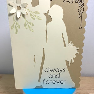 Carte de mariage, Always & Forever, mariée, marié, robe, fleurs, amour, honneur, doux. Baiser