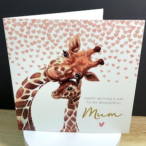 Carte Joyeuse Fête des Mères , Girafe , Bébé , Enfant , Sauvage , Animaux , Coeurs , Soin , Meilleure maman , Maman