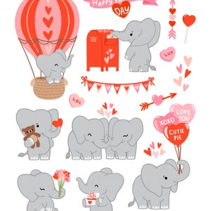 Autocollants Saint-Valentin éléphant, amour, coeurs, bonbons, vrai, rose, rouge, ballons