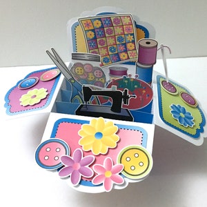 Sewing Pop up Box Card , Blank inside , Spool , Bobbin , Thread , Inches , Flower , Machine , Buttons , Scissors , Pin , Quilt