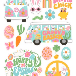 Autocollants de Pâques Groovy , Enfants , Cadeau , Oeuf , Carotte , Lapin , Van , Printemps , Paix , Fleur , Poussin , Artisanat
