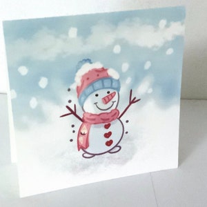 Carte de bonhomme de neige, jour de neige, intérieur vierge, cœurs, hiver, Noël, joie, vacances, rose, bleu, famille, amis