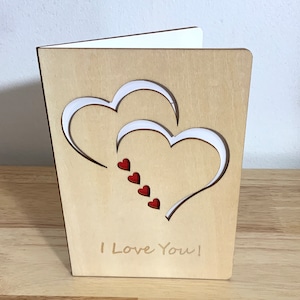 Carte en bois Je t'aime, cœurs, Saint-Valentin, amour, partenaire, TLC, rouge, rythme, attention