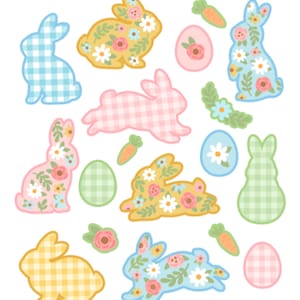 Stickers de Pâques Vichy fleurs et lapins, carreaux, printemps, oeuf, pastel, rose, bleu, vert