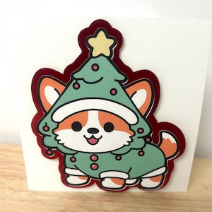 Carte de déguisement de chien corgi dans un sapin de Noël, feuille rouge, vacances, festif, joie, vif