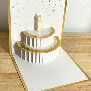 Happy Birthday Pop Up Cake Card ,  Candle , Gold Foil , Party , Elegant , Simple , Gift , Family , Friends