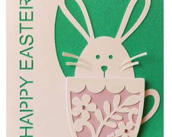Happy Easter Bunny in a mug Card , Blank inside , Rhinestones Classic , Holiday , Family , Friends , Flower , Spring , Floral