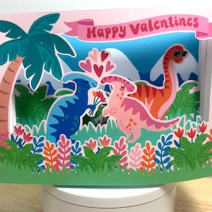 Carte de Saint-Valentin Parasaurolophus dinosaure pop-up 3D, fleurs, amour, cœurs, enfants