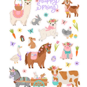Autocollants d'animaux de ferme de Pâques, cochon, cheval, agneau, fleurs, printemps, enfants, journal, cadeau, lapin