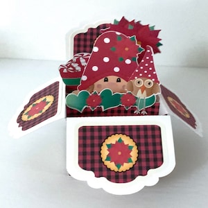 Carte pop-up Gnome Girl de Noël, vacances, hibou, fleur, bonbon, menthe poivrée, plaid, cœurs