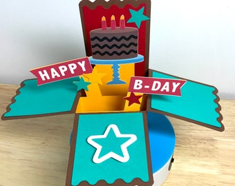 Happy Birthday Pop Up Box Card , Chocolate Cake , Banner , Stars , Candles , Family , Friend , Gift