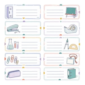 May include: A sheet of ten rectangular adhesive labels with rounded corners, each featuring three horizontal lines for writing and a unique school-themed illustration including a locker, chalkboard, stapler, tape dispenser, glassware, compass, paper clips, ID badge, pencil case, and binder.