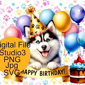 Happy Birthday Dog Card , Digital , SVG , Studio , PNG, JPG , Party , Balloons , Paw Prints