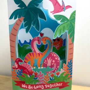 Carte de Saint-Valentin dinosaure brontosaure pop-up 3D, fleurs, amour, cœurs, enfants