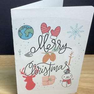 Carte cadeau Joyeux Noël , Bonhomme de neige , Mitaines , Monde , Froid , Renne , Neige