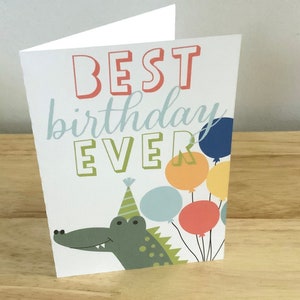 Carte d'anniversaire alligator, Intérieur vierge, Imprimé, Ballons, Fête, Enfants, Adultes, Adolescents, Célébration, Âge, Journée spéciale