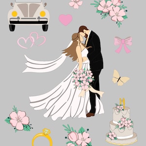 Stickers mariage , Finition mate , Papier , Marié , Mariée , Bagues , Gâteau , Pièce , Vœux , Cérémonie