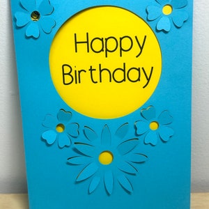 Carte de joyeux anniversaire , Bleu , Jaune , Lumineux , Merveilleux , Fleurs , Charmant , Doux , Entretien