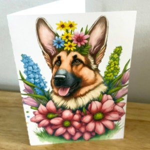 Carte de voeux de berger allemand , Intérieur vierge , Imprimé , Floral , Fleurs , Chien , Écorce , Courir , Jouer , Animal , Amour