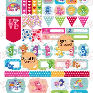 May include: A set of digital printable stickers featuring Care Bears characters. The stickers include various designs with different Care Bears, including Cheer Bear, Funshine Bear, Grumpy Bear, and Good Luck Bear. The stickers are perfect for adding a touch of whimsy to planners, journals, and other craft projects.