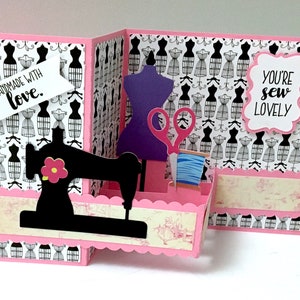 Sew Lovely Sewing Card , Blank inside , Scissors , Thread , Flower , Dress Form , Love , Papercut , Seamstress , Design