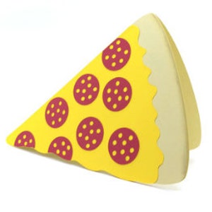 May include: A yellow and red pizza slice with pepperoni toppings. The crust is a light brown color and has a scalloped edge.