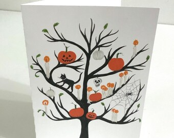 Halloween Tree Card , Blank inside ,  Pumpkin , Black Cat , Skeleton , Candles , Spooky , Creepy , Spider , Web