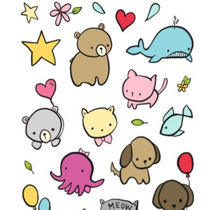 Autocollants animaux mignons, minou, chat, planificateur, cadeau, étoile, ballon, ours, baleine, dessiné à la main